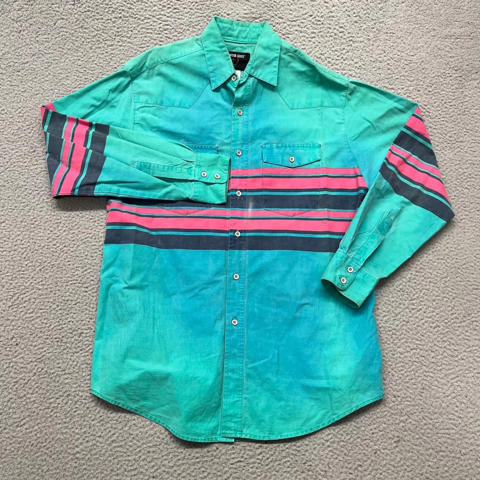 Camisa Western De Colección Frontier Series Para Hombres 16-16.5 Azul Rayas Vaquero del Suroeste Foto 2 de 4