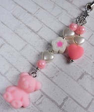 Teddy Bear Beaded Cell Phone Charm Strap Flowers Hearts Pink White New