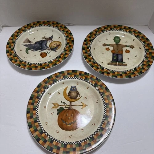 3 VTG Debbie Mumm Sakura Halloween Dessert Salad Plates 8" Witch  Frankenstein