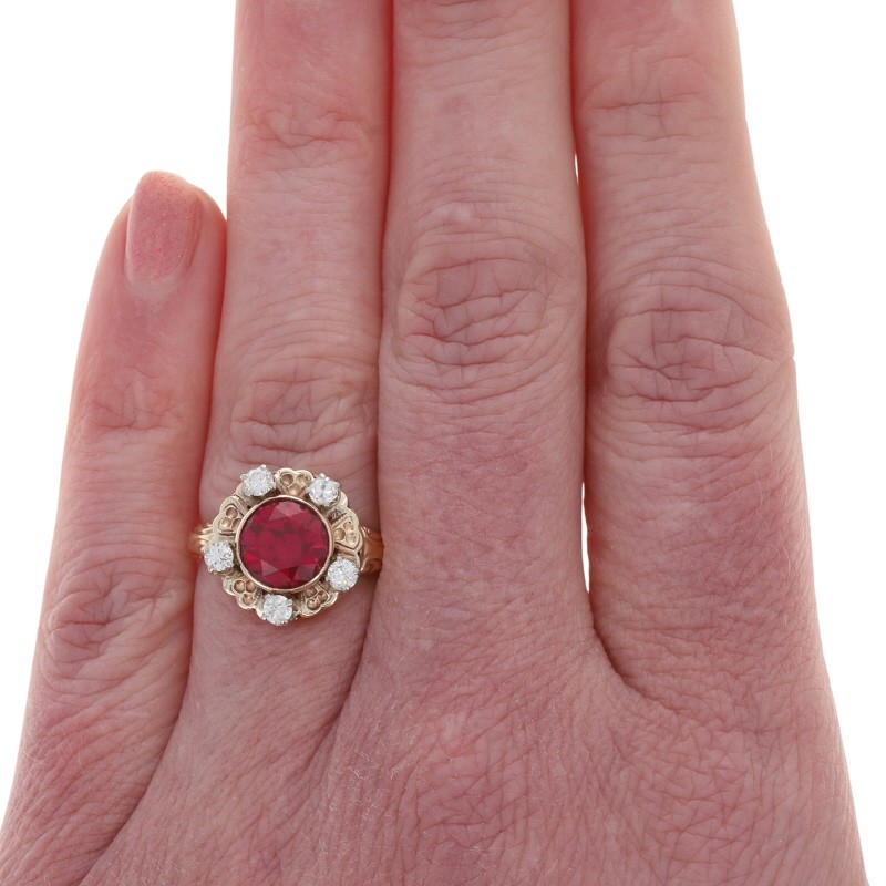 Yellow Gold Lab-Created Ruby Diamond Vintage Ring… - image 2