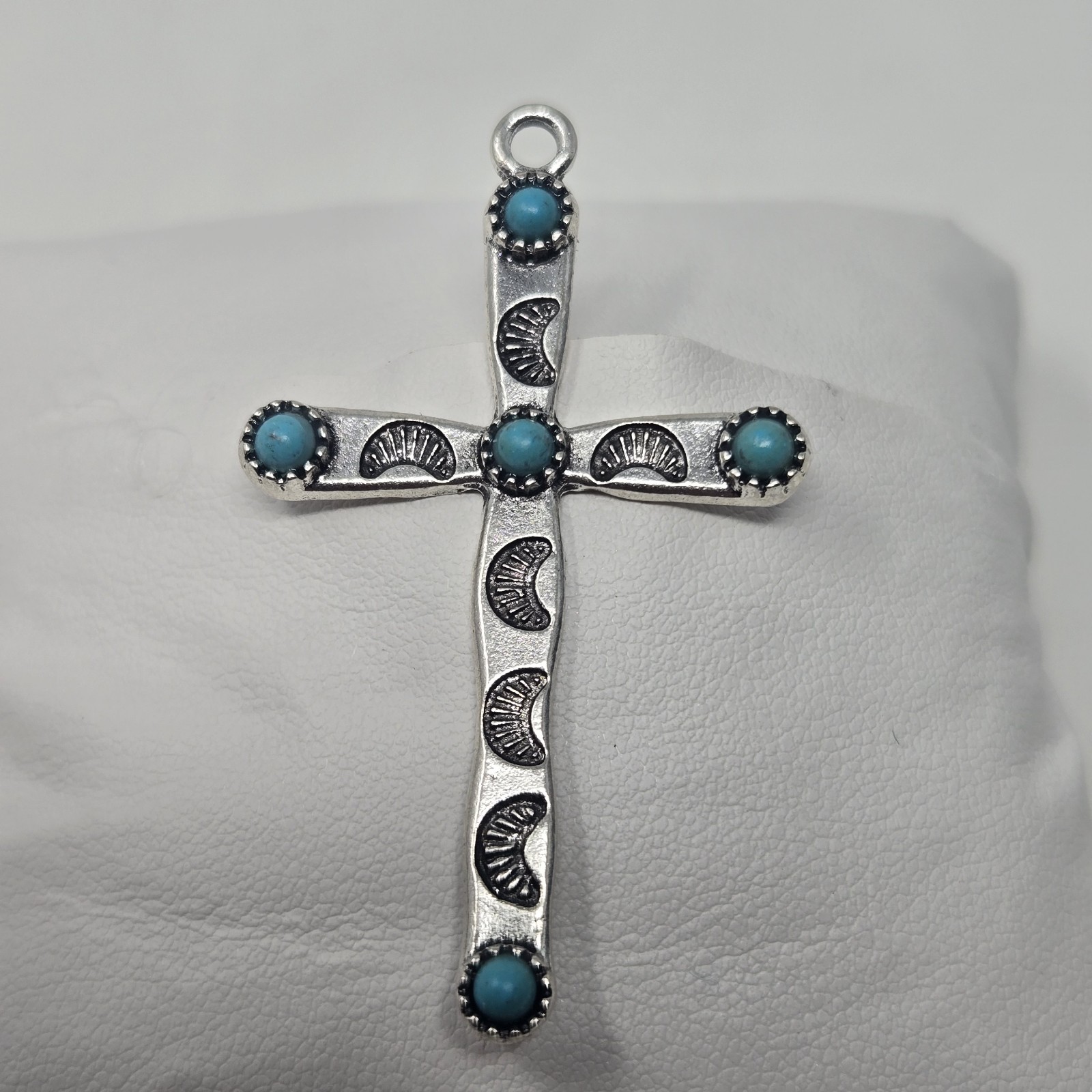 Imitation Turquoise Cross Pendant Southwest Native American Style Silver Tone image 3