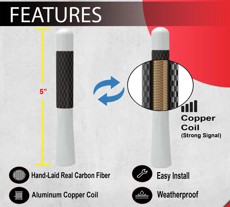 Antena blanca universal corta JDM 5" Stubby fibra de carbono aluminio auto coche X130 Foto 2 de 4