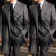 Gray Cashmere Men's Overcoat Peak Lapel Double Breasted Casual Long Jacket Coat
