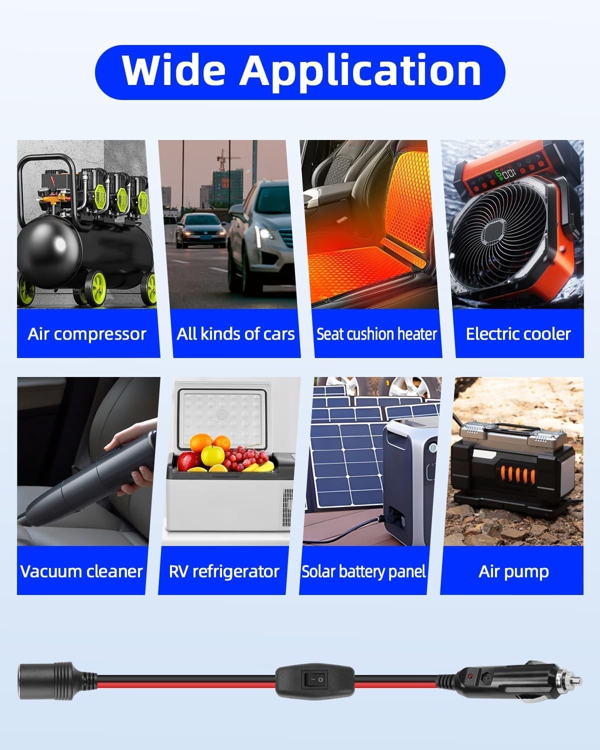 12V 24V Cigarette Lighter Male Plug to Socket Power Cable, 16 AWG 0.6M/2FT