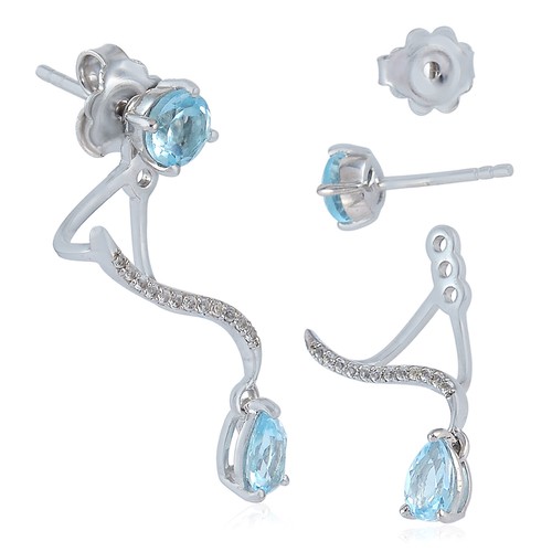 Juego de pendientes chaqueta oreja caída topacio blanco azul de 2,485 quilates plata estornino 925 - Imagen 3 de 3