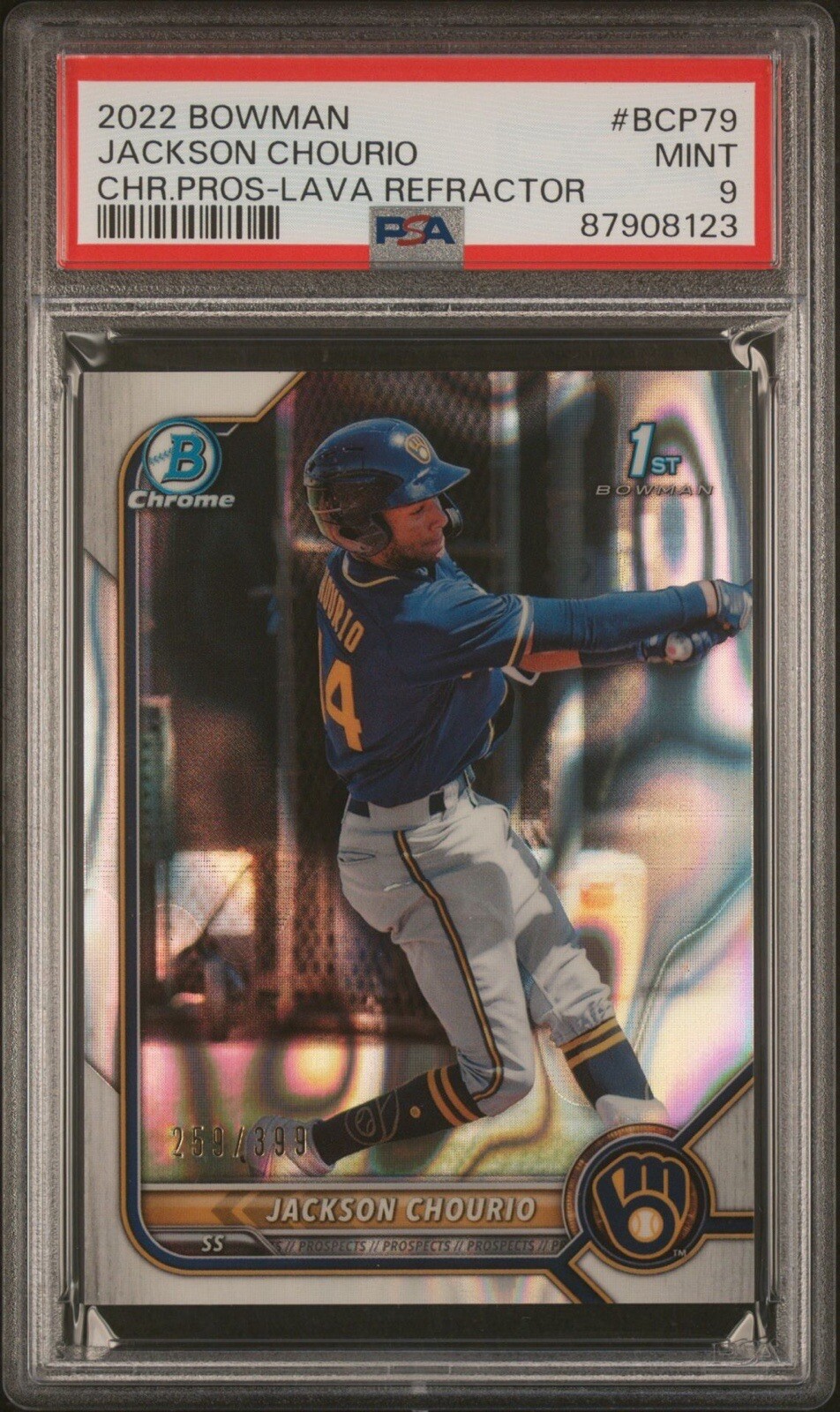JACKSON CHOURIO 2022 Bowman Chrome 1st LAVA /399 Refractor Card #BCP79 PSA 9