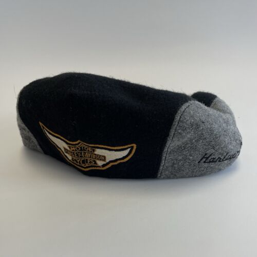 Harley Davidson Newsboy Hat Cap Mens S Black Leather Gray Wool Embroidered Biker