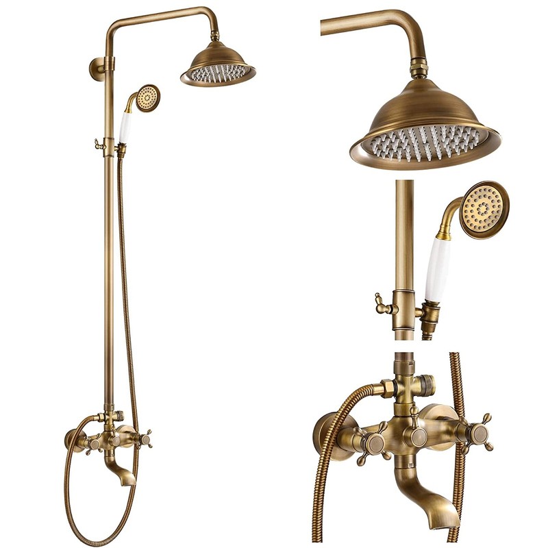 Antique Brass Shower Faucet System Exposed Rain Shower Head Combo with Tub Spout