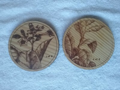 Set of 2 Wooden Coasters Set Real Wood 3.75'' x .30'' Flower Bud Plant Brand New