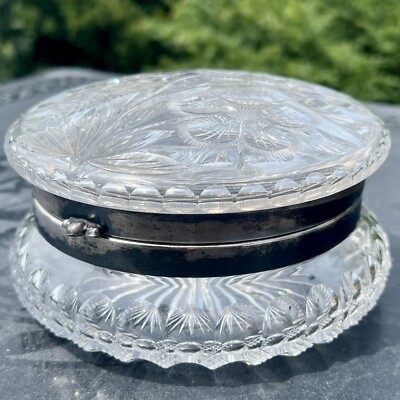 Antique Edwardian Large 6'' Floral Cut Glass / Crystal Powder Jar W/ Silver Hinge