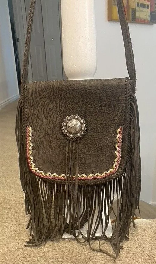 TRIBE AMERICA BROWN SUEDE FRINGE, BEAD, SILVER FLAP OVER PURSE | eBay