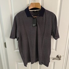 Ted Baker Polo Shirt Men Size 5 XL Navy Blue Striped Short Sleeve 120 NWT New