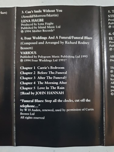 Vintage FOUR WEDDINGS & A FUNERAL Soundtrack Cassette - Picture 8 of 11