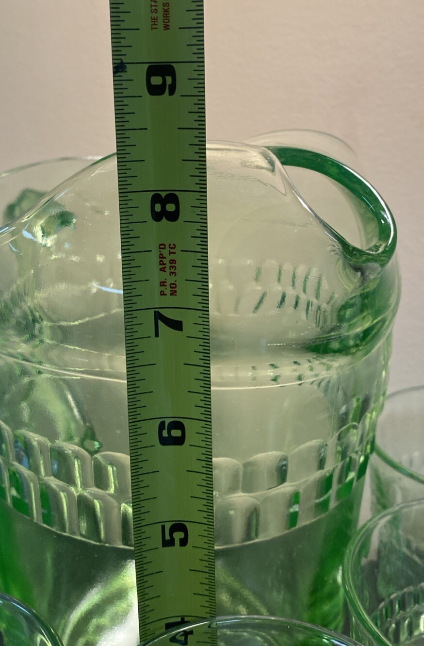 1930’s Anchor Hocking Roulette Water Pitcher W/6 Tumblers UV Reactive Depression