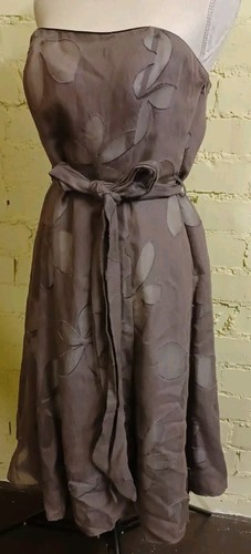 JOHN ROCHA strapless dress, UK 14, flared skirt, taupe/floral, lined, belt BNWT - Picture 3 of 12