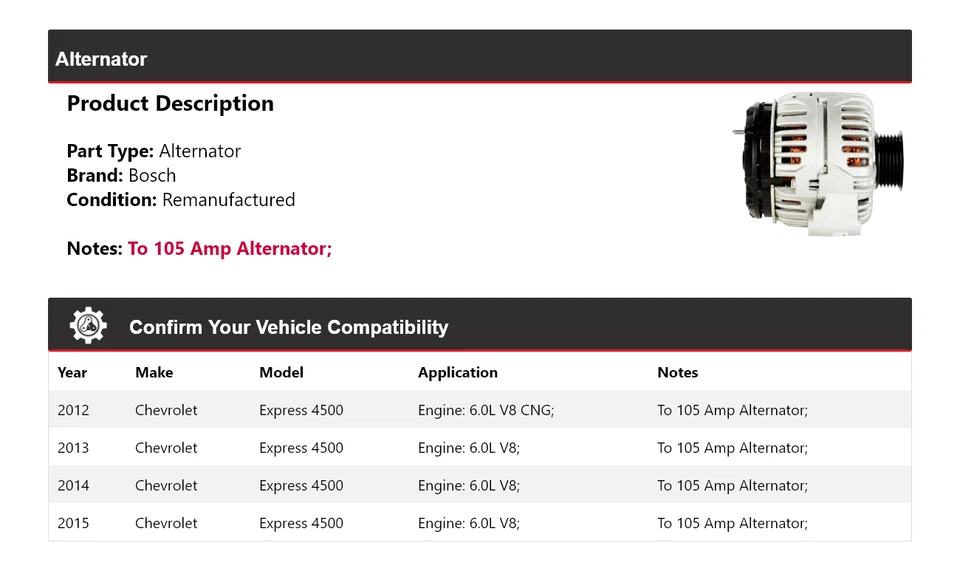 For 2012-2015 Chevrolet Express 4500 Bosch Alternator (Remanufactured) 2013 2014 - Image 2 of 4