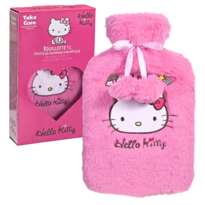 CHAMP Wärmflasche 1L Hello Kitty Motiv Bezug für Kinder Gummi Bettflasche Mädchen Rosa