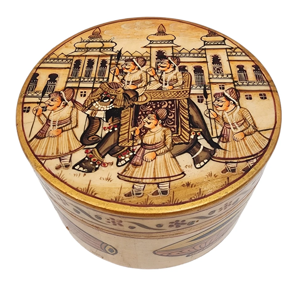 Antigua caja de pintura en miniatura mogol persa pintada a mano tallada vintage Foto 2 de 4