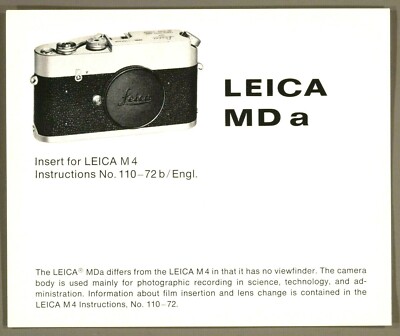 Leitz Leica MD-a Insert for Leica M4 Instructions No. 110-72b/Engl. - 2 Seiten