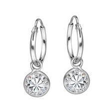 Elegant White Cubic Zirconia Dangle Sterling Silver Hoop Earrings