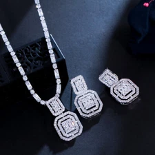 Cubic Zirconia Long Square Drop Baguette Necklace Earring Jewelry White Gold Set
