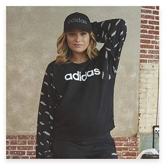ADIDAS Monogram Graphic Sweatshirt Active Relaxed Lounge Black Crewneck Cozy
