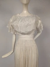 EDWARDIAN WHITE COTTON BATISTE DRESS RUCHED WAIST + BEAUTIFUL FLORAL HAND EMB