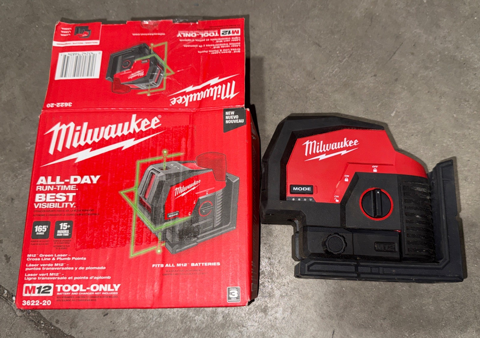 Milwaukee 3622-20 M12 Cross Line With Plumb Point Green Laser Level (Tool Only)