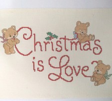 Finished Cross Stitch Piece Christmas Is Love Seasonal Decor Vtg 8"/12" 