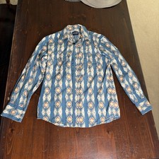 Wrangler Checotah Shirt Mens M Blue Pearl Snap Western Aztec Brushpopper
