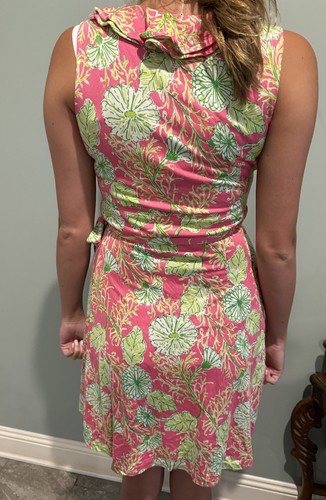 LILLY PULITZER Sleeveless Pink Green Silk Blend Jersey Ruffle Wrap Dress S NWOT - Picture 4 of 6