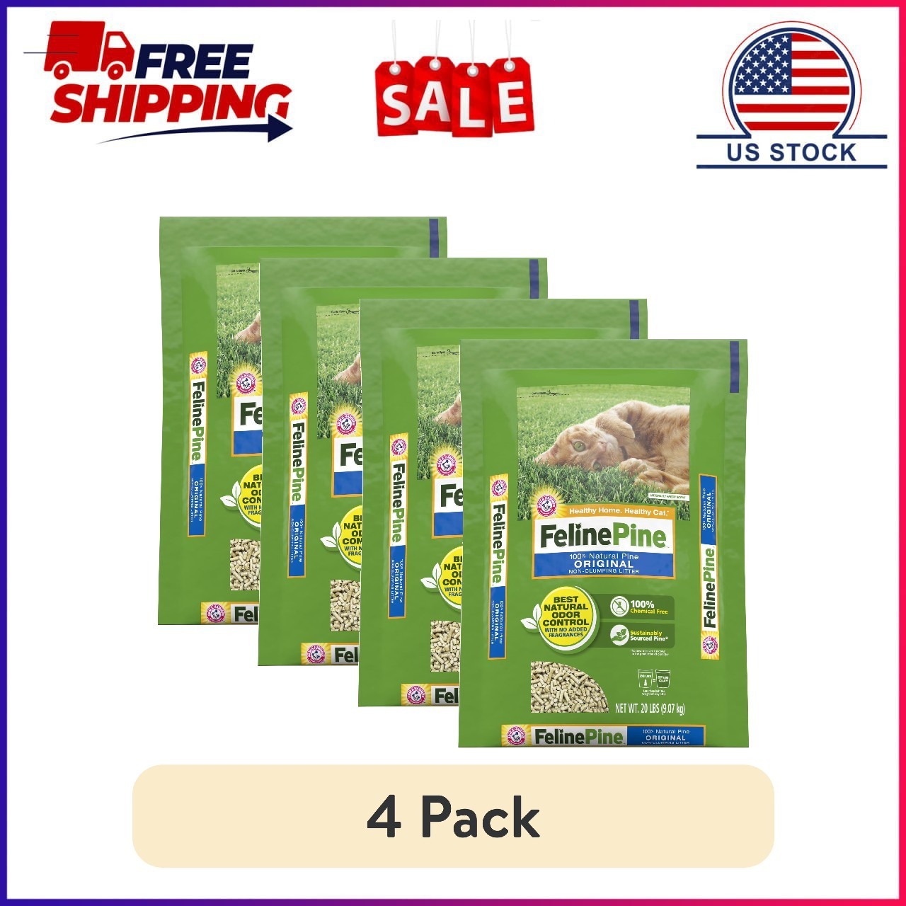 4 pack, Feline Pine Original Wood Cat Litter, 20 lbs.