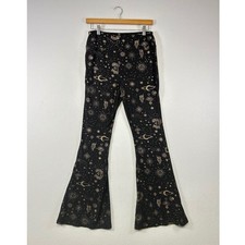 Whimsigoth Flare Pants Women L Black Gold Celestial Sun Moon Star High Rise