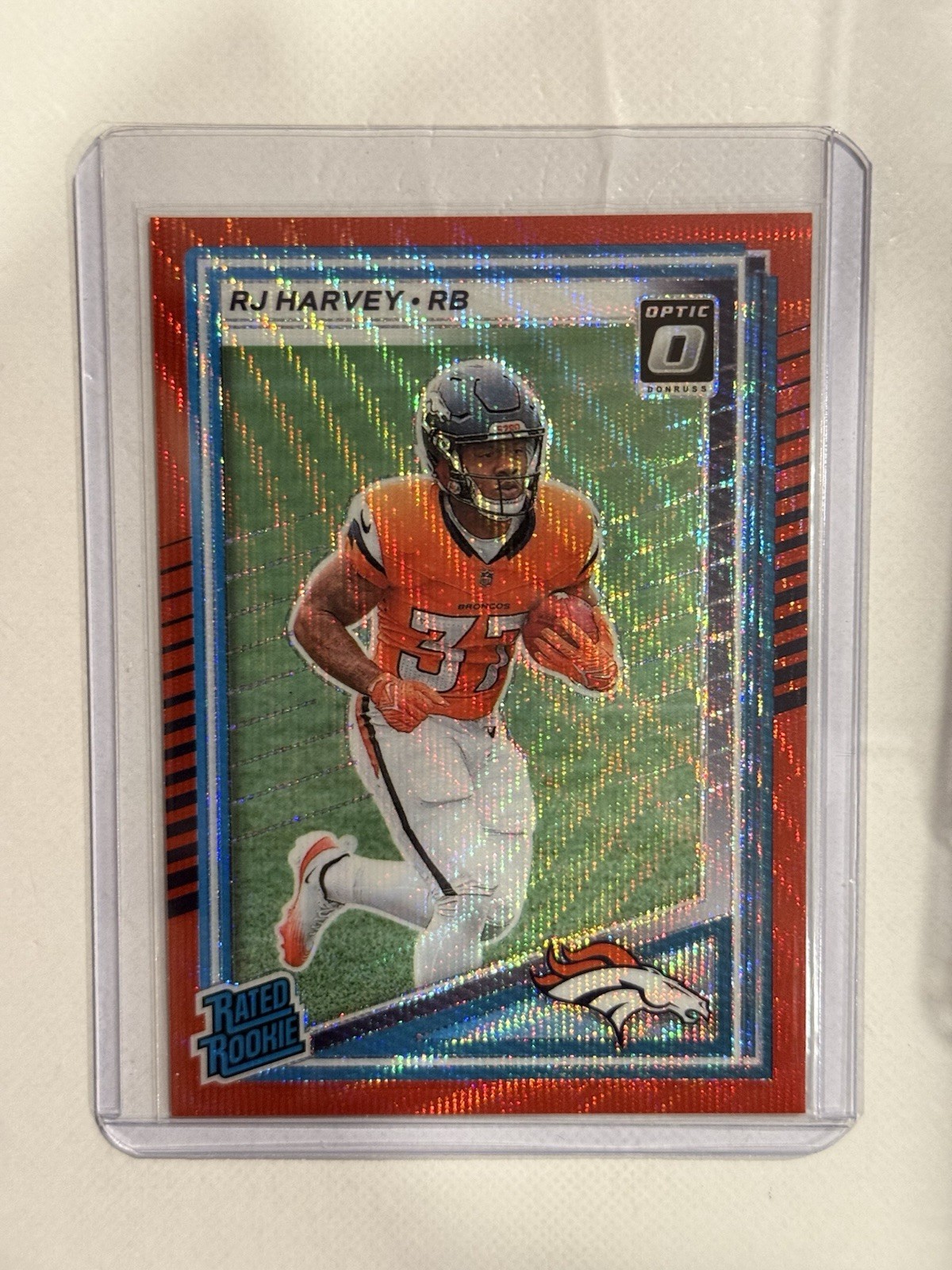 2025 Panini Donruss - Rated Rookie RJ Harvey #312 Optic Preview Red Wave Broncos