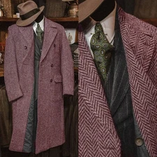 Men Coats Below Knee Length Herringbone Tweed Long Overcoats Wool Blend Business