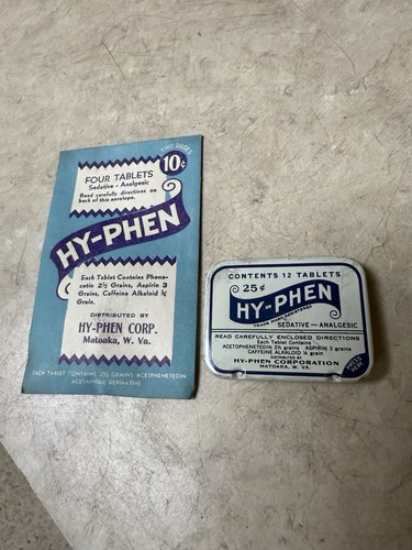 Vtg RARE Hy-Phen Tablets Medicine Tin & Pack SET OF 2 Matoaka, WV NOS MINT