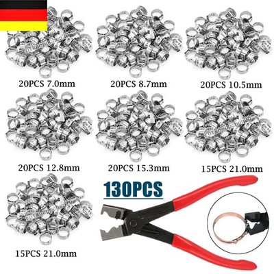 130-Tlg 1 Ohr Schlauchschellen Edelstahl Sortiment Schlauchklemmen Zange Satz DE