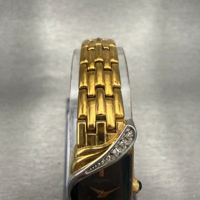 Seiko Womens Watch 14mm Black Dial Gold Tone Gemmed 2E20-7309 New Battery 7.5\