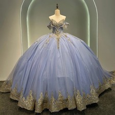 Blue Quinceanera Dresses Off Shoulder with Applique Sweetheart Tulle Princesse
