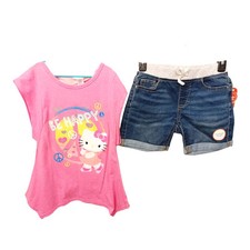 Hello Kitty Short Set-10-Girls-BE HAPPY-Cuffed Denim-Shark Bite Hem-Cap Sleeves