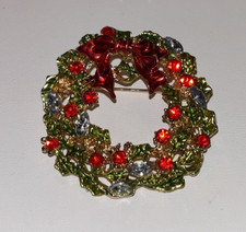 Fashion Rhinestone Enamel Christmas Wreath Bow Brooch Pin