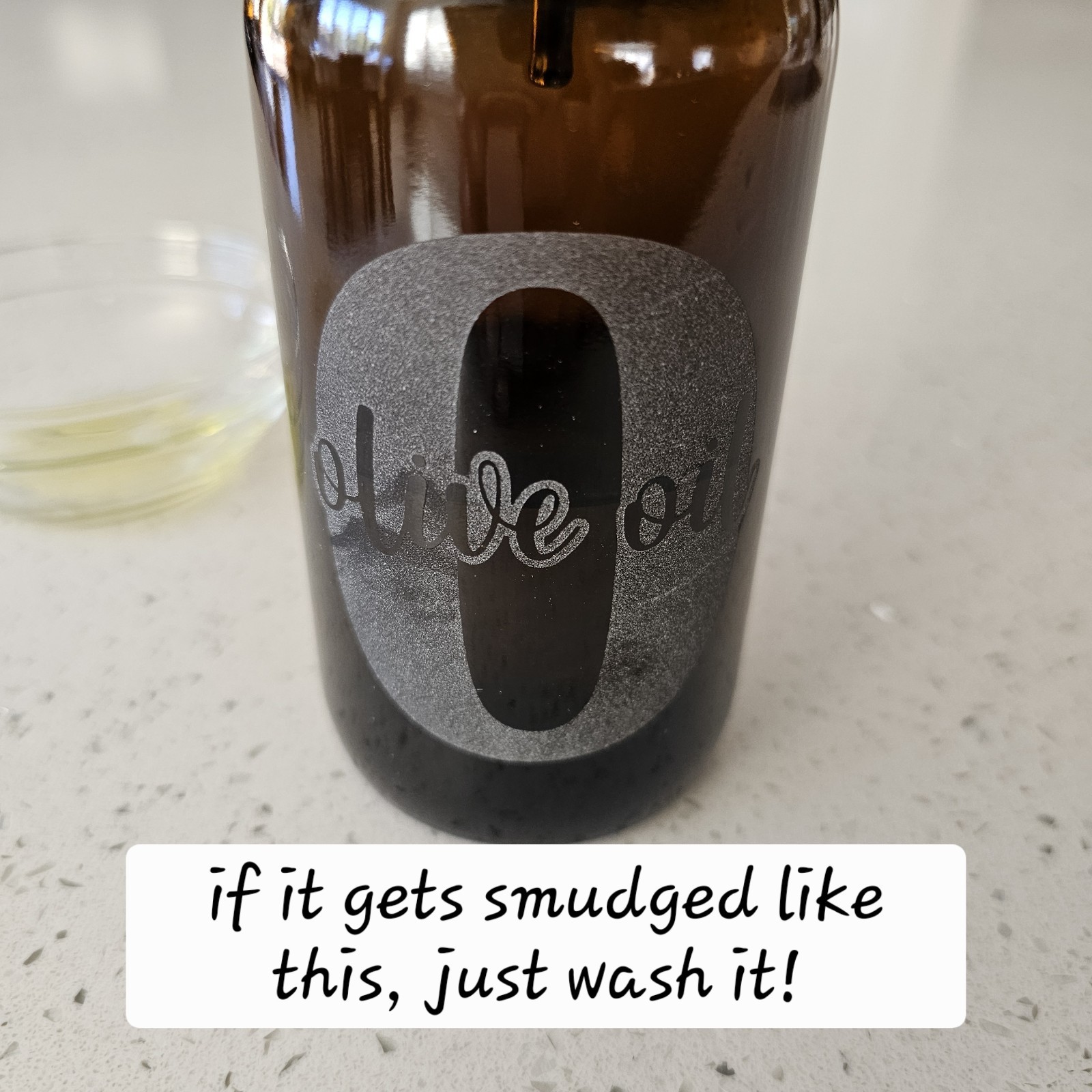 Olive Oil and Vinegar Dispenser Set 8 oz Amber Glass Bottles Upcycled Etched