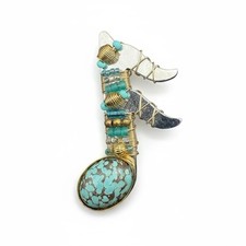 LizTech Turquoise Wire Wrapped Mixed Metal Brooch Pin – Handmade Signed