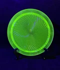 Vintage Anchor Hocking Spiral Green Uranium Glass Footed Cake Plate 10"