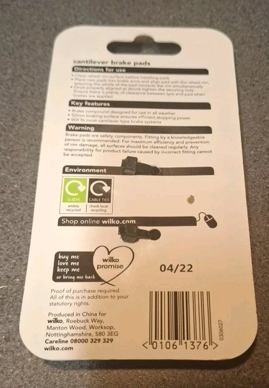 Pair Of Cantilever Bicycle Brake Pads Carded 55mm, 10 Pairs Available  - Image 3 of 4