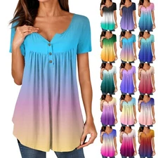 Women Tunic Tops Dressy Casual Summer Short Sleeve Shirts Loose Fit Pleated