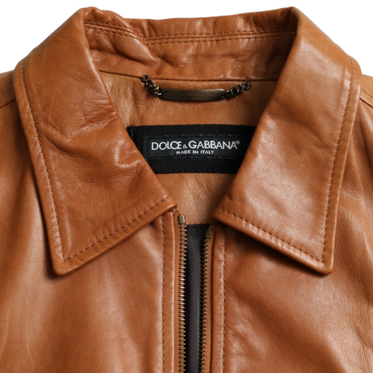 DOLCE & GABBANA Jacket Brown Lamb Leather Full Zip Blouson IT44 
