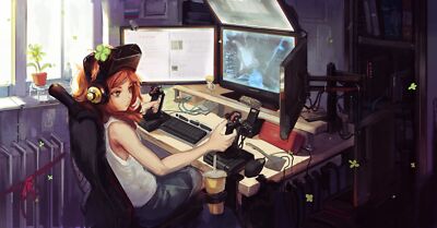 Anime digital art computer headsets vivian james Playmat Gaming Mat Desk