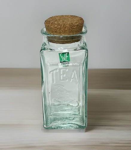 SVE Aqua Blue 6 Inch Glass Tea Jar With One Inch Cork Lid Made In Italy Vintage