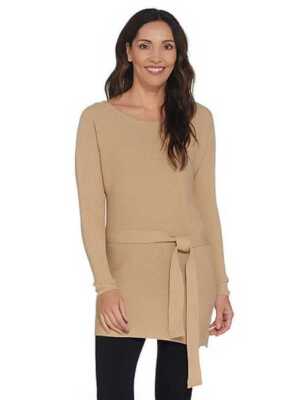 Attitudes by Renee Oatmeal Tan Ribbed Sweater Tunic Tie Waist Detail New